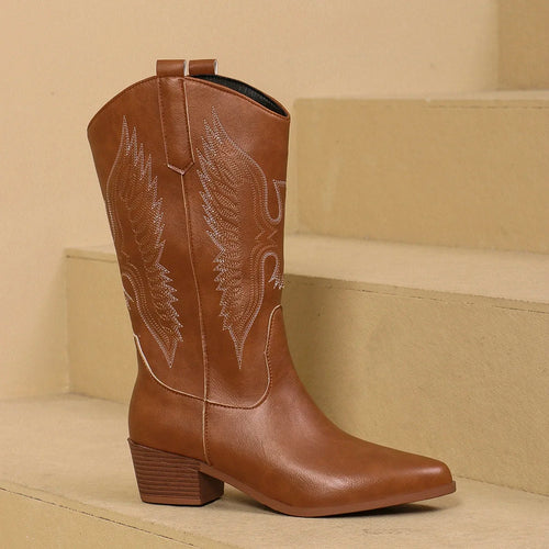 Cowgirl High Knee Boots New Trend Wedge Heels Embroidered Winter Shoes
