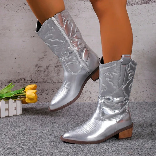 2024 Women's Cowboy Boots Embroidered Pointed Toe Thick Heel Ankle