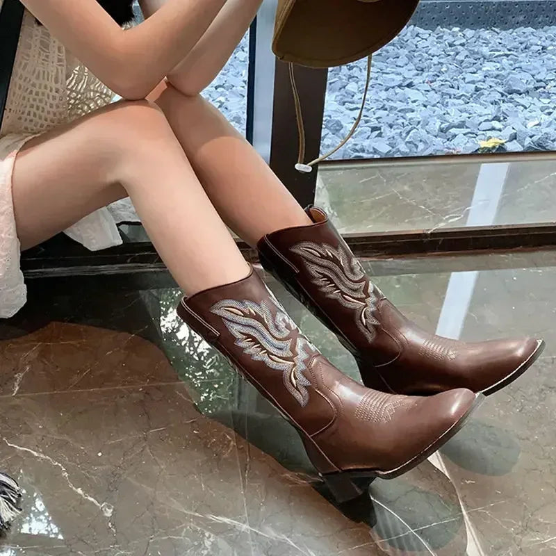 Women Retro Mid Calf Western Cowboy Motorcycle Boots Female Autumn