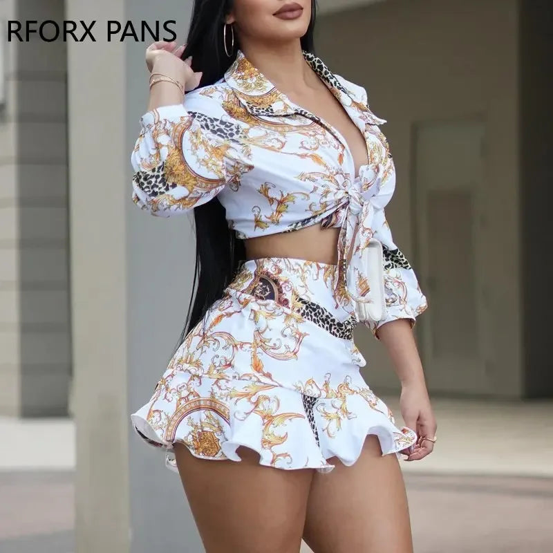 2023 Spring Elegant Allover Print Shirt & Sexy Mini Skirt Sets Women