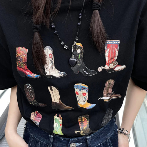 Boot Western T-Shirt Women T Shirt Summer Loose Vintage Boho Texas T