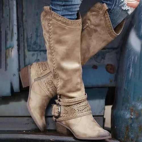 2023 New Western Cowboy Boots Buckle Ladies Low Heel Knee High Boots