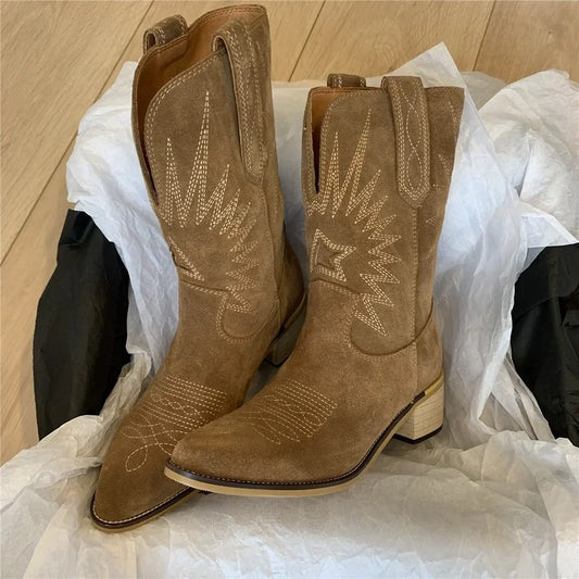 Natural Embroidered Cowgirl Boots with a Point