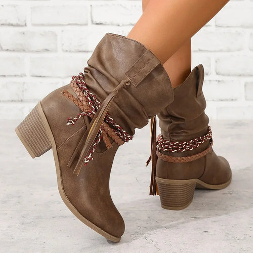Women Vintage Brown Western Cowboy Boots Autumn Winter  Tassel PU