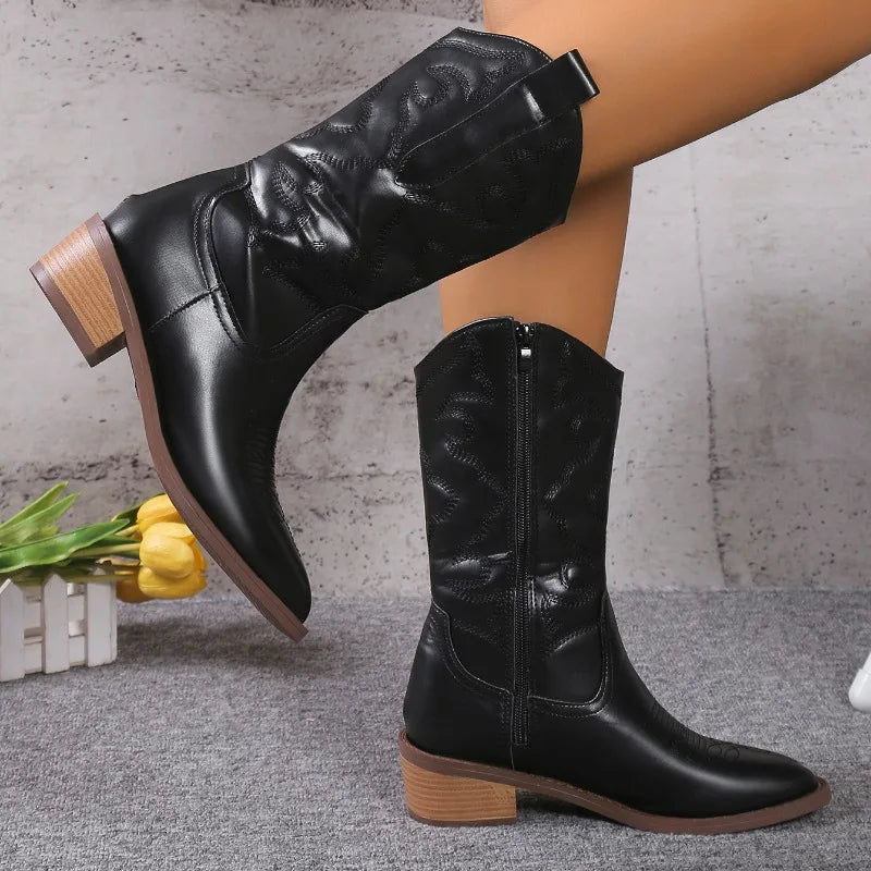 2024 Women's Cowboy Boots Embroidered Pointed Toe Thick Heel Ankle