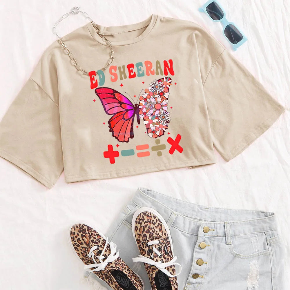 Ed Sheeran Butterfly Crop Shirt Women Girls Fashion O-Neck Short