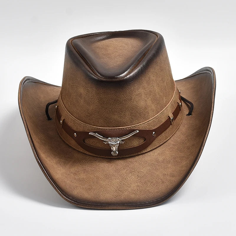 New 100% Leather Western Cowboy Hat Men Wide Brim Gentleman Church