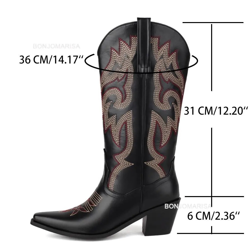 Cowgirl Boots Women Embroidery Knee High mid Calf Cowboy Boots Slip On