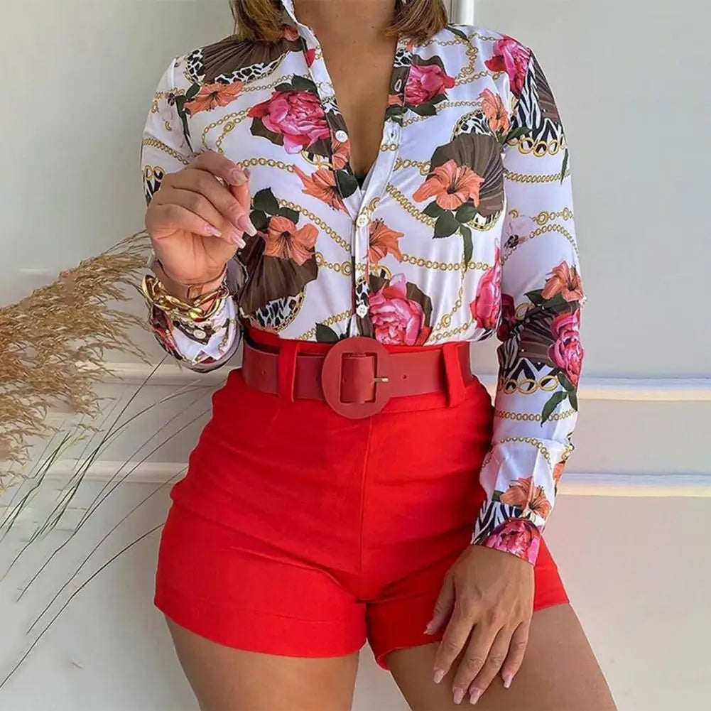 1 Set Women Blouse Shorts Suit Floral Spring Summer Printed Blouse