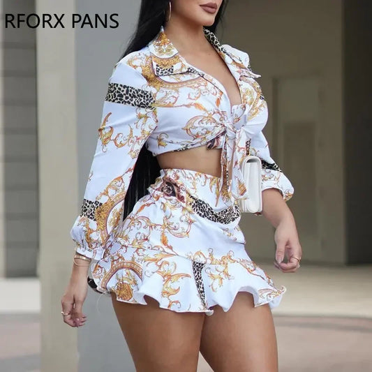 2023 Spring Elegant Allover Print Shirt & Sexy Mini Skirt Sets Women