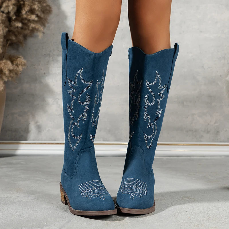 Retro Embroider Western Knee High Boots Women 2024 Autumn Pointed Toe