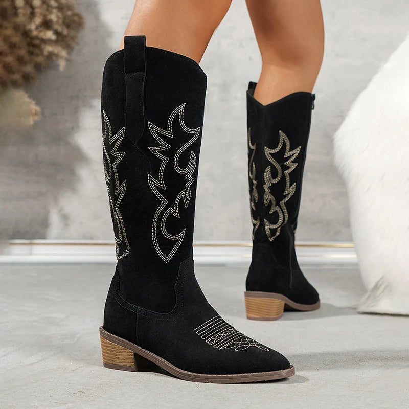 Retro Embroider Western Knee High Boots Women 2024 Autumn Pointed Toe