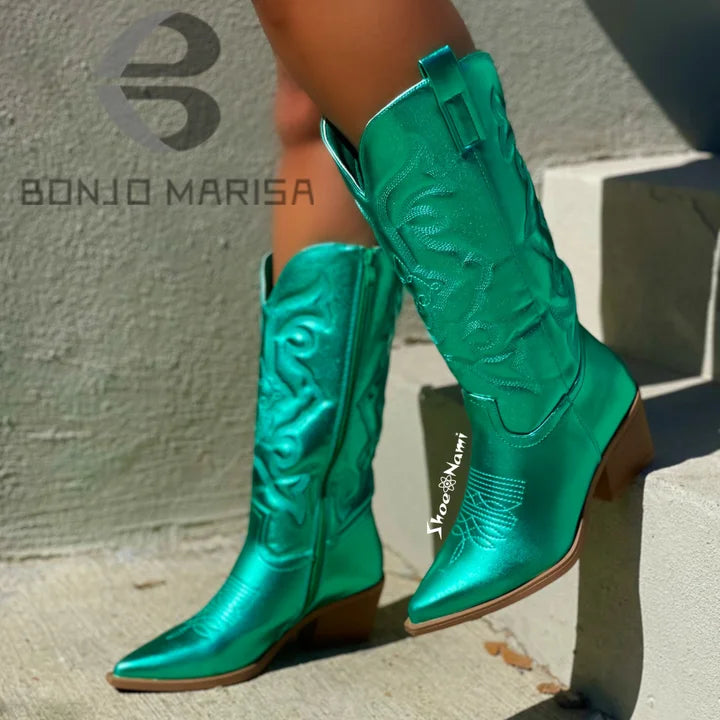 Silver Metallic Cowboy Boots For Women Pointed Toe Wide Calf Western