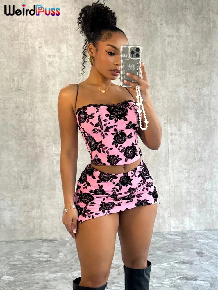 Weird Puss Flower Print Women 2 Piece Set Elegant Summer Trend Lace