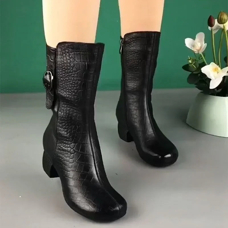 Cowboy Boots for Women High-top Faux Leather Winter Shoes Retro Womens