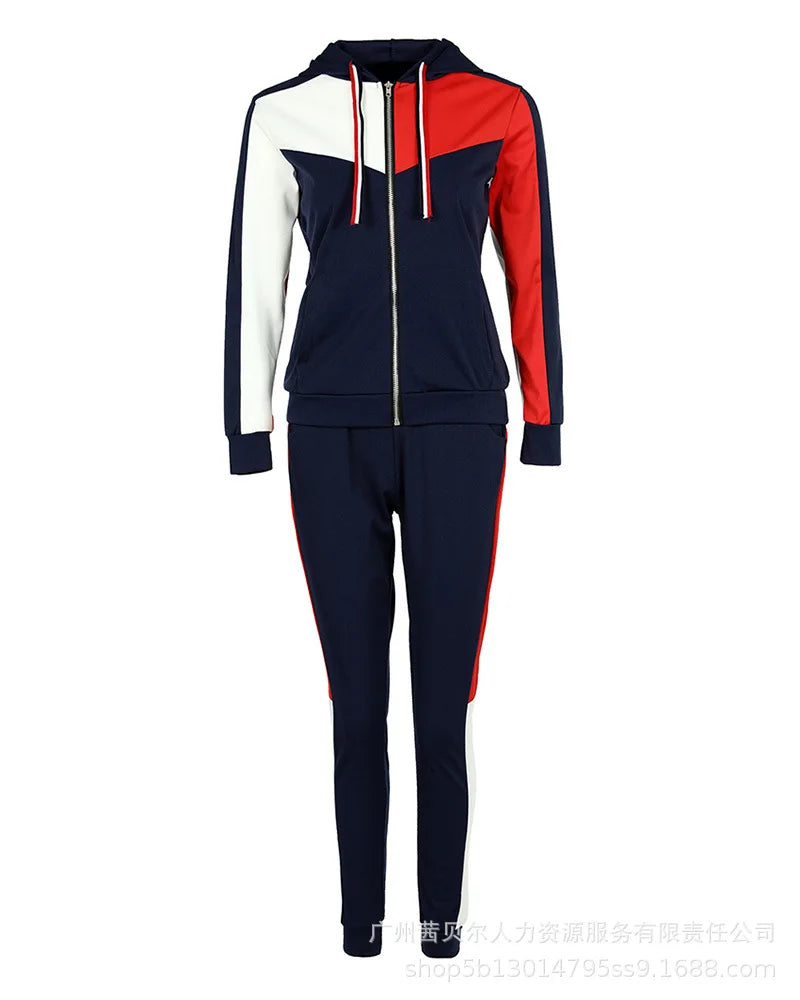 Women Two Piece Pant Sets Hooded Zipper Spliced Sweatshirts Full