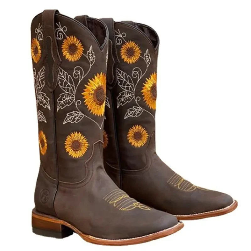 New Women Coffee Brown Embroidery Boots PU Leather Printed Western