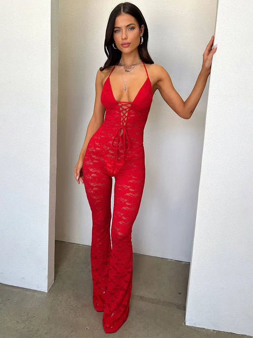 GACVGA Sexy Lace See Through Women Jumpsuit Backless Slim Streetwear