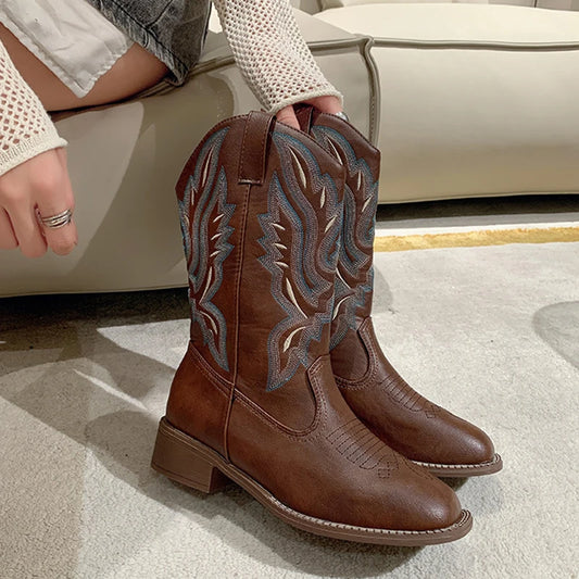 Embroidered Mid Calf CowGurl Boots