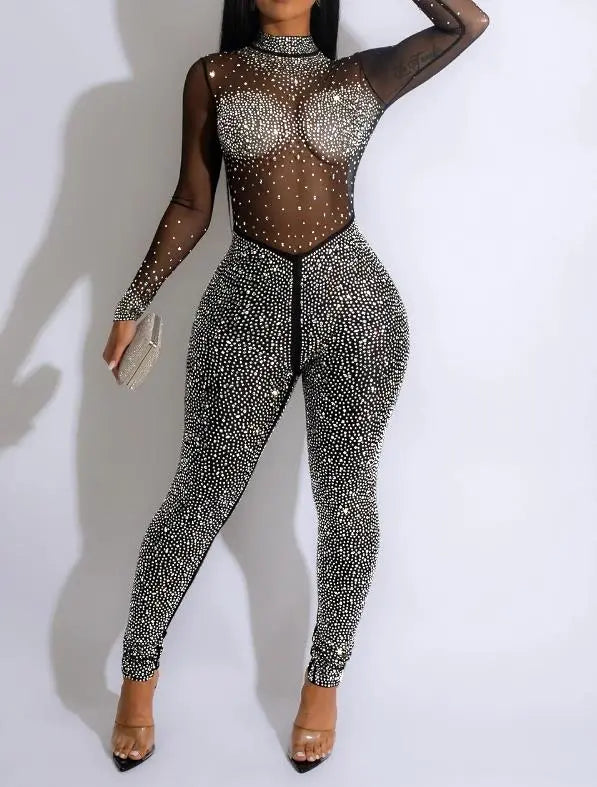 Sexy Party Jumpsuits Women 2023 Autumn Solid Mesh Diamond Fashion Long