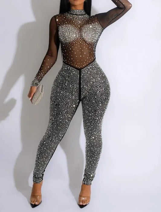 Sexy Party Jumpsuits Women 2023 Autumn Solid Mesh Diamond Fashion Long