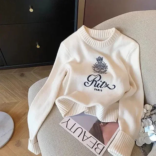 Boreathiman Letters Embroidery Round Neck Pullover Sweater Women