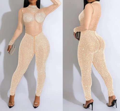 Sexy Party Jumpsuits Women 2023 Autumn Solid Mesh Diamond Fashion Long