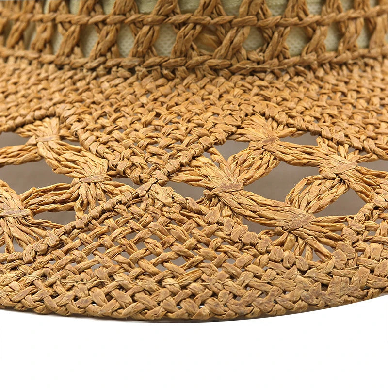Hollowed Out Wide Brim Western Cowboy Hat Retro Hand-woven Natural