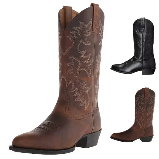 Men Mid Calf Western Cowboy Motorcycle Boots Male Autumn Outdoor PU