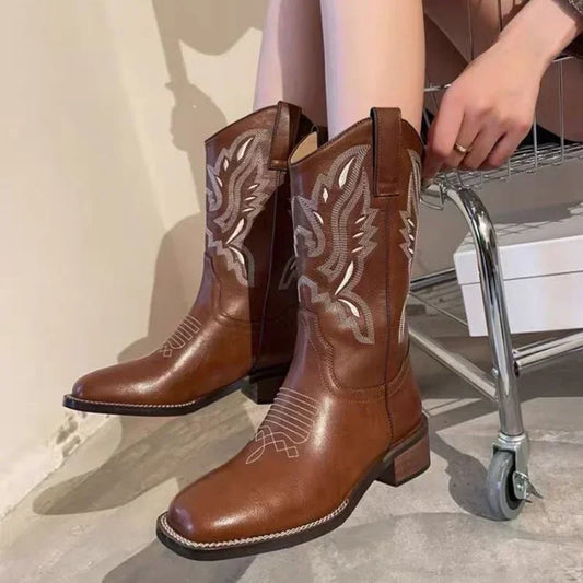 Women Retro Mid Calf Western Cowboy Motorcycle Boots Female Autumn