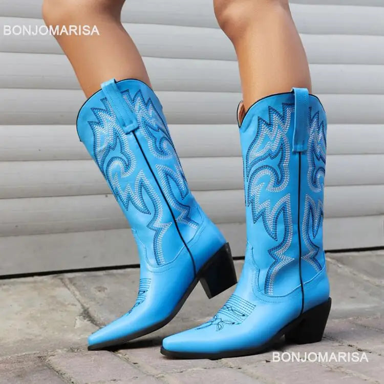 Cowgirl Boots Women Embroidery Knee High mid Calf Cowboy Boots Slip On