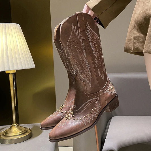 Studded Boots Women Low Heel Cowboy Chelsea Western Short Leather Knee