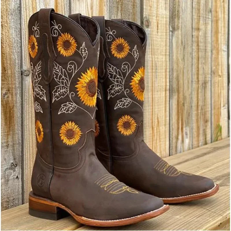 New Women Coffee Brown Embroidery Boots PU Leather Printed Western