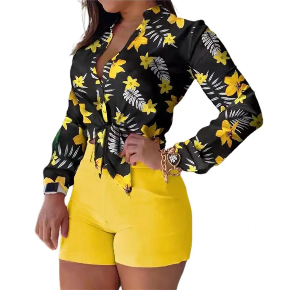 1 Set Women Blouse Shorts Suit Floral Spring Summer Printed Blouse