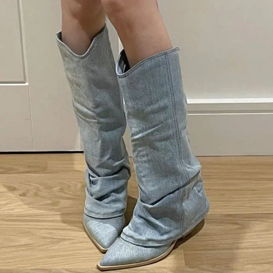 Pleats Blue Denim Boots