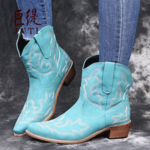 Casual Autumn Winter Western Cowboy Ankle Boots Women Snake Leather