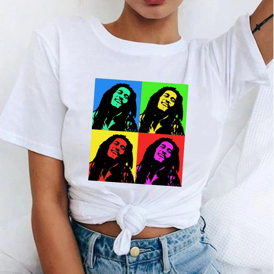 Women's Fashion T-Shirts Bob Marley Printed Casual Round Neck Graphic