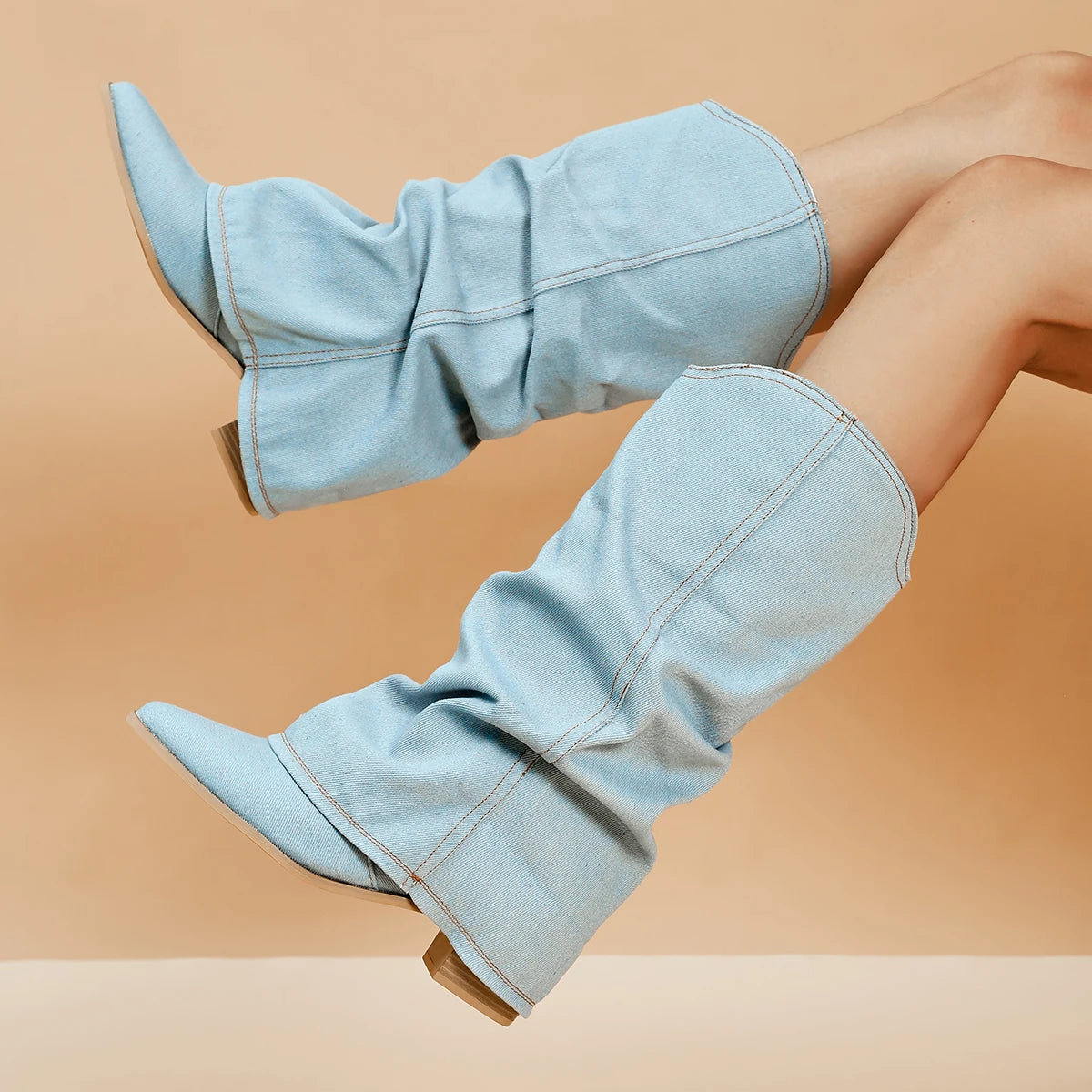 Pleated Block Heels Denim Boots for Women 2023 Autumn Pointed Toe