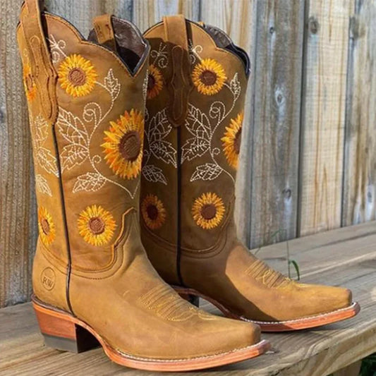 New Women Coffee Brown Embroidery Boots PU Leather Printed Western
