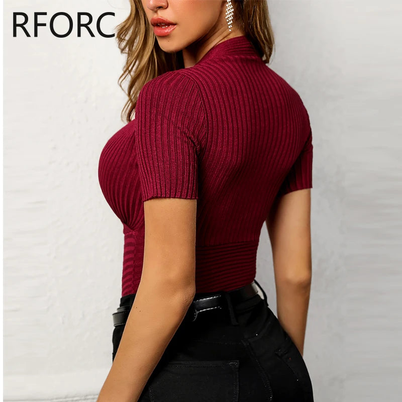 2023 Women Striped Deep V Neck Short Sleeves Knitting Basic Blouse Top