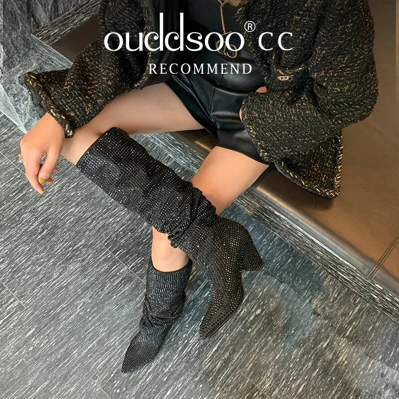 Ods Sexy Brand Luxury Bling Silver Crystal Knee High Chunky Womens