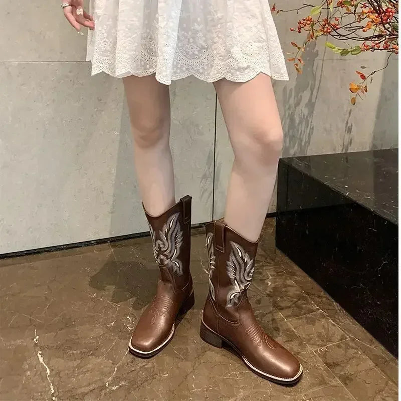 Women Retro Mid Calf Western Cowboy Motorcycle Boots Female Autumn