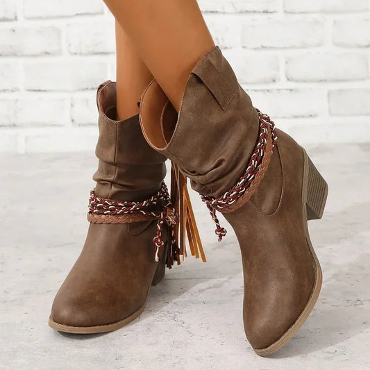 Women Vintage Brown Western Cowboy Boots Autumn Winter  Tassel PU