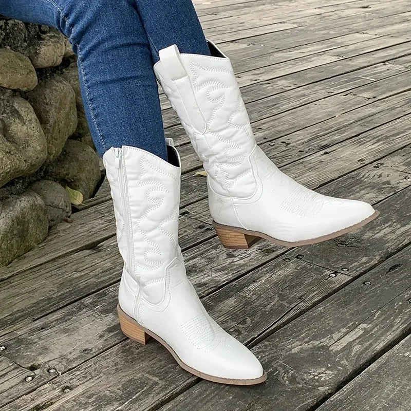 Women Shoes High Quality Gold Women's Boots Mid-calf Side Zipper