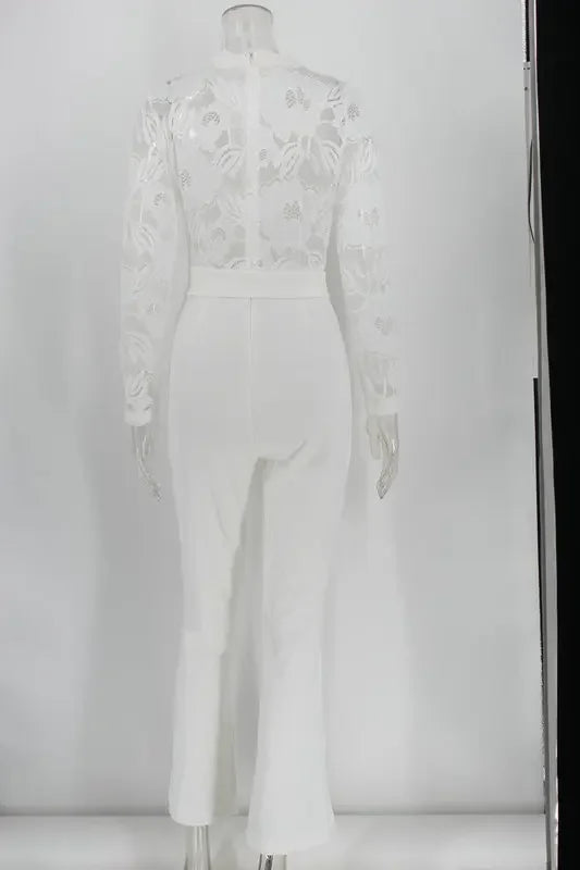 White Lace Jumpsuit Women Sexy V Neck Lace-up Stitching Long Sleeve