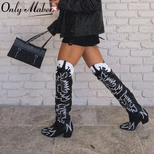Onlymaker Woman Knee High Boots Western Cowboy Boots Wide Calf