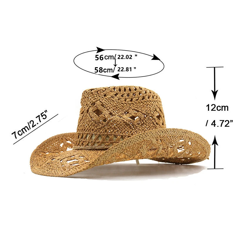 Hollowed Out Wide Brim Western Cowboy Hat Retro Hand-woven Natural