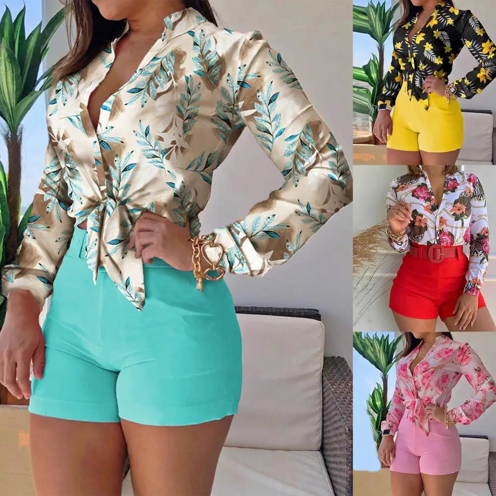 1 Set Women Blouse Shorts Suit Floral Spring Summer Printed Blouse