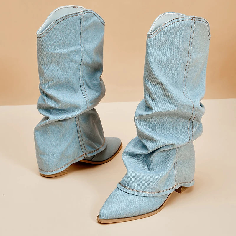 Pleated Block Heels Denim Boots for Women 2023 Autumn Pointed Toe