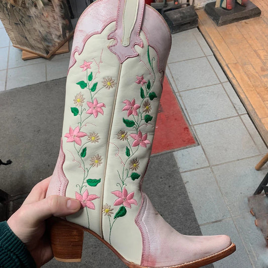 IPPEUM Cowgirl Boots Pink Flower Embroidered Knee Shoes For Women Mid